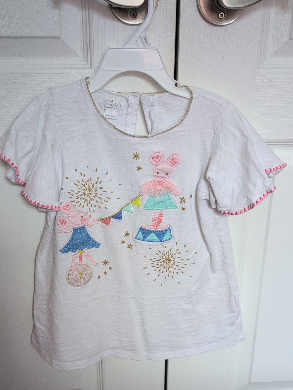 Mud Pie White Short Sleeve Tee with Pastel Circus Mouse Embroidery